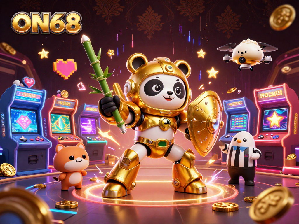 Join the action at ON68 with a golden panda piloting an epic robot in a vibrant casino arena.