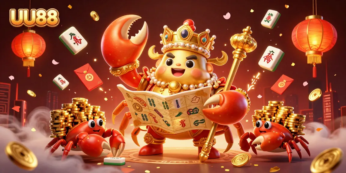 Engage with UU88's vibrant casino world, featuring a golden crab emperor surrounded by rich gaming elements.