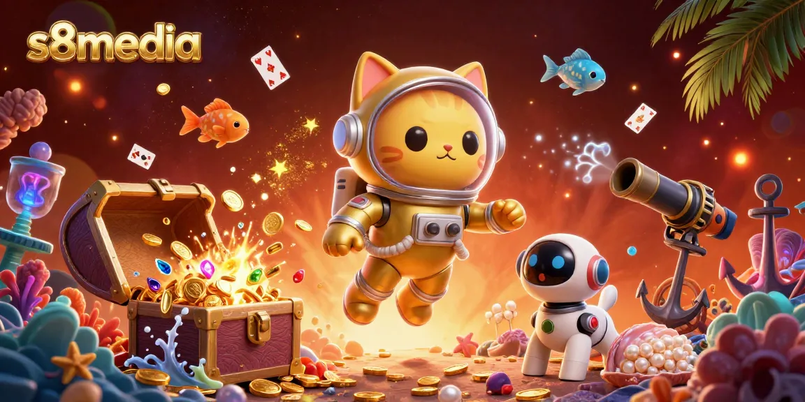Experience thrilling wins and games at s8media in this vibrant casino-themed illustration.