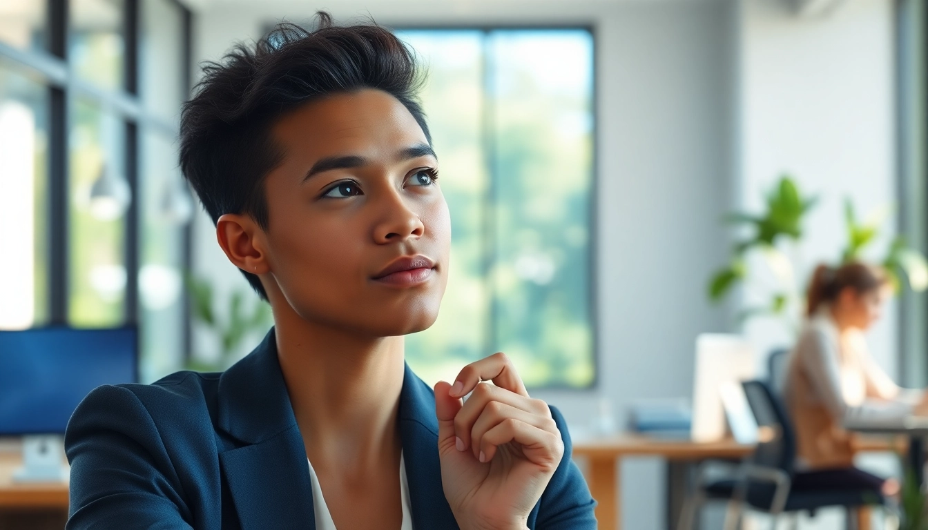 Finding the Ideal career while contemplating possibilities in a modern office setting.