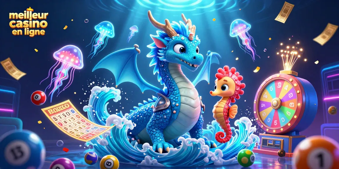 Jouez au meilleur casino en ligne avec cette illustration captivante de dragon et créatures maritimes.