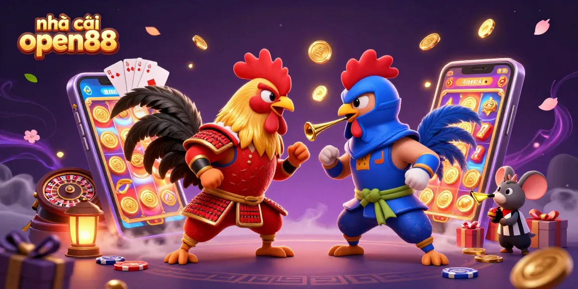 Engage with nhà cái open88's thrilling gaming experience featuring epic rooster battle in a vibrant casino scene.