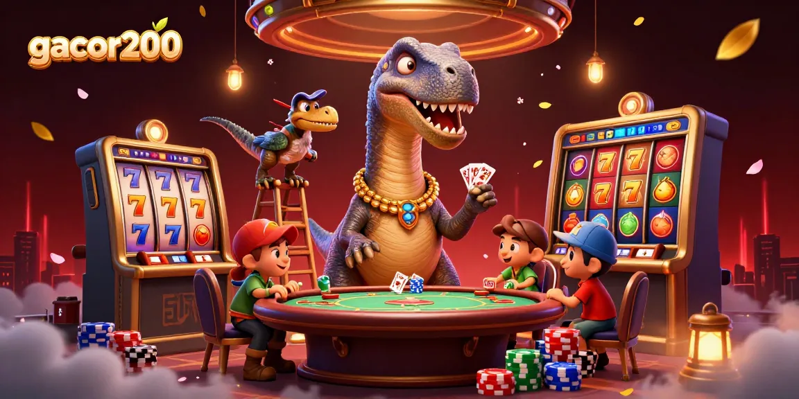Gacor200 hadir dengan brontosaurus berwarna cerah, meja poker, dan elemen slot gacor.