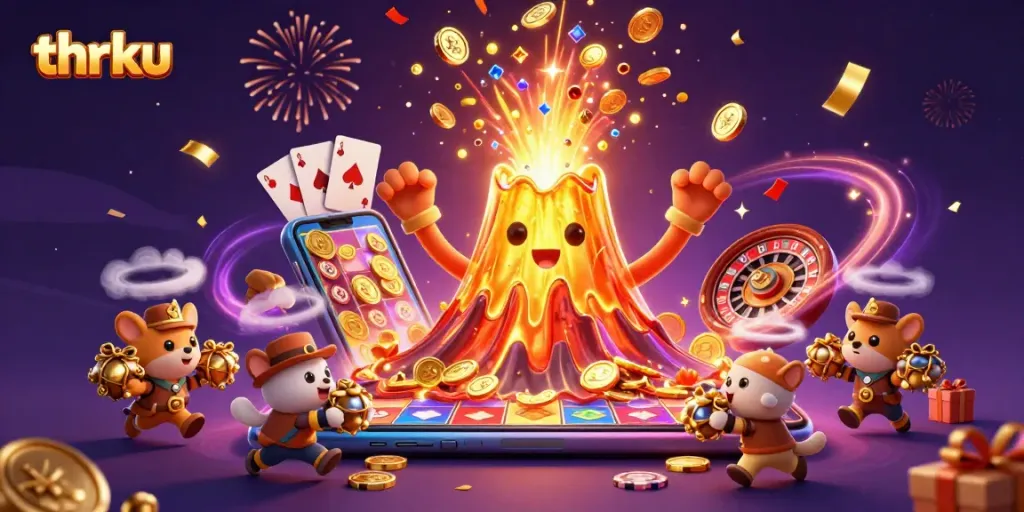 Win big with thrilling gaming action at thrku, featuring a golden volcano erupting treasures and exciting casino elements!