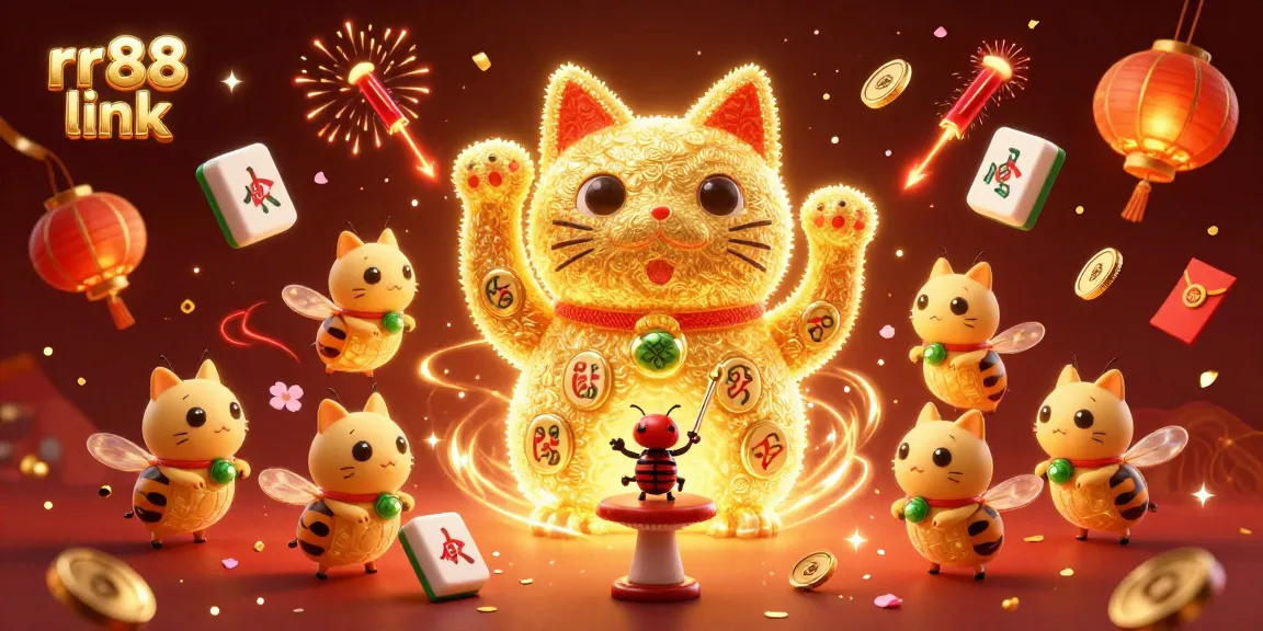 Engage with the exciting rr88 link showcasing a festive lucky cat and casino symbols, inviting players to win big.