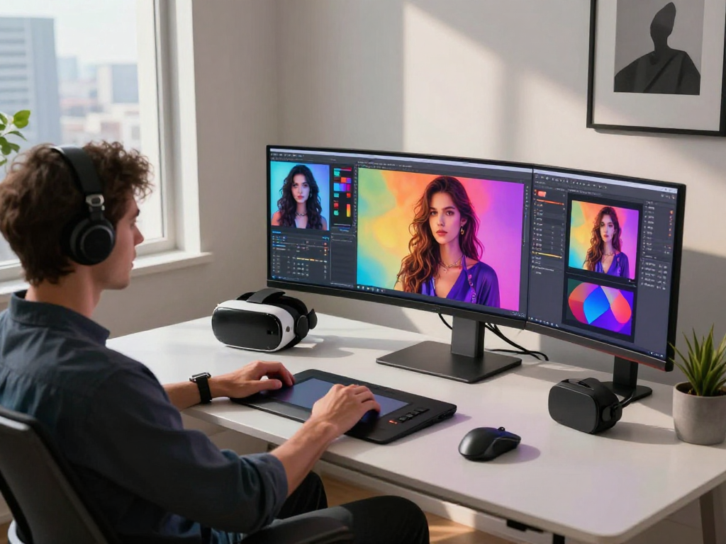 Creating NSFW AI girlfriend avatars on multiple monitors in a modern workspace