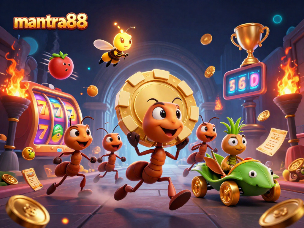 Experience the thrill of mantra88 as ants execute a heist for a golden poker chip amidst vibrant slot elements.