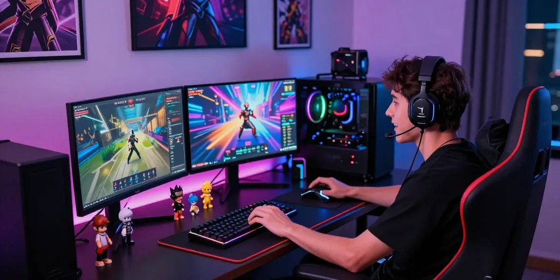 Gamer menggunakan LUXURY12 Daftar sambil bermain di tempat gaming modern dengan monitor dan aksesori.