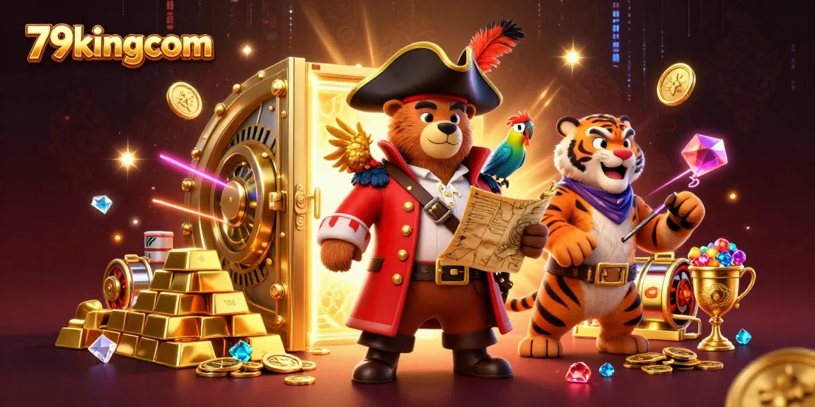 Discover 79kingcom's vibrant casino adventure illustrated with a pirate bear and treasure elements.
