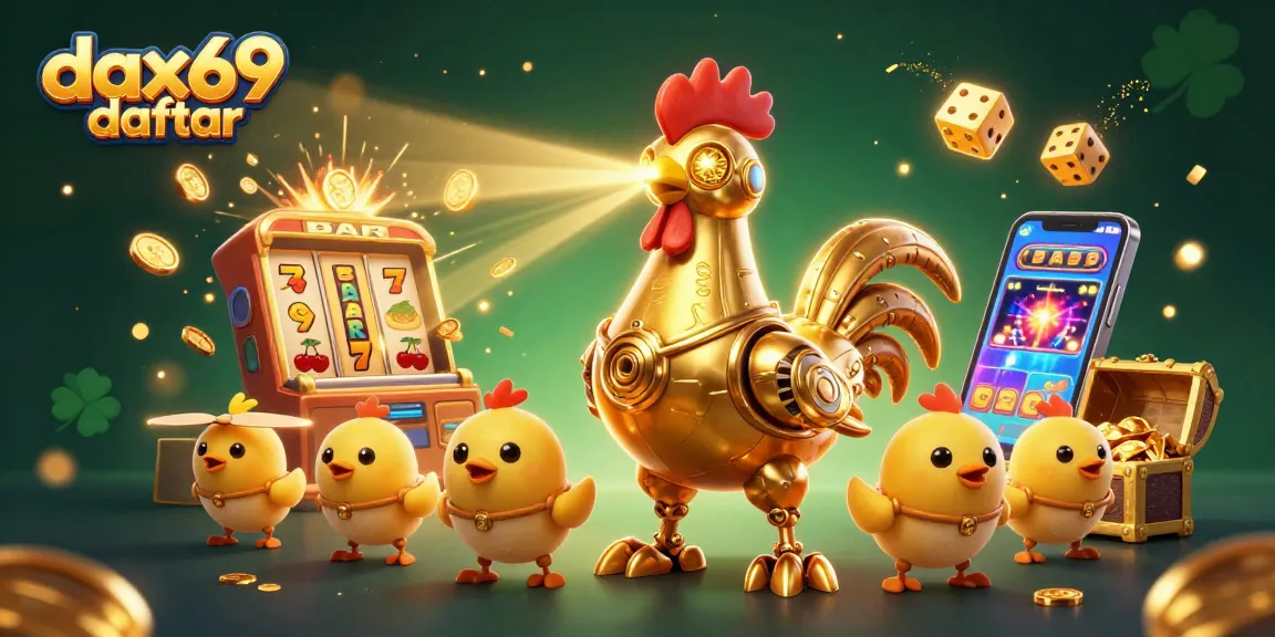 Mesin slot megah dan robot ayam emas dalam aksi sabung di dax69 daftar, menggoda pemain dengan jackpot.