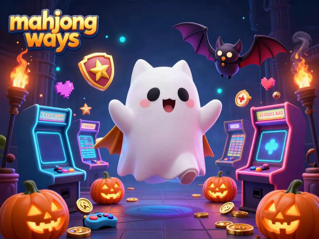 Engage in mahjong ways with a ghost cat and bat in a haunted casino scene, filled with vibrant arcade elements.