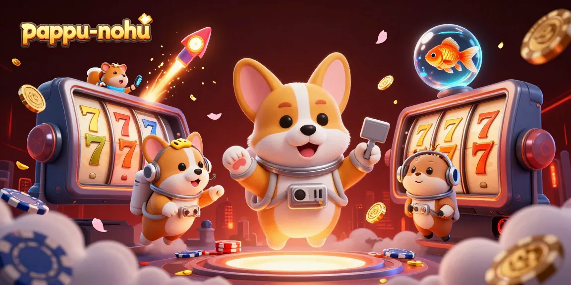 Experience thrilling gameplay in pappu-nohu with floating slot machines and animated characters in a vibrant space casino.
