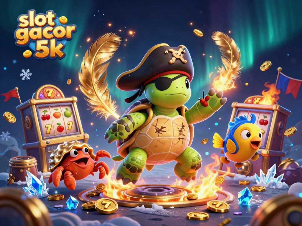 Experience the thrill of slot gacor 5k with a pirate turtle, hermit crab, and parrotfish amidst treasures.