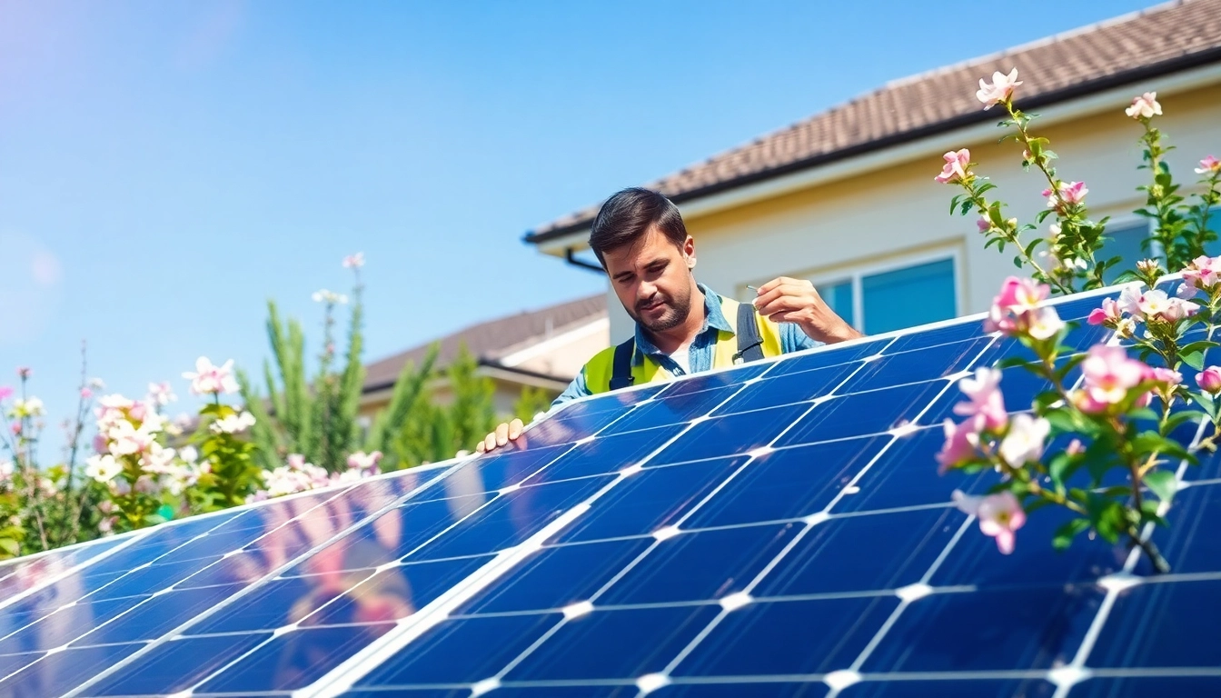 Technician performing solar panel repair near me in a residential environment with bright lighting.
