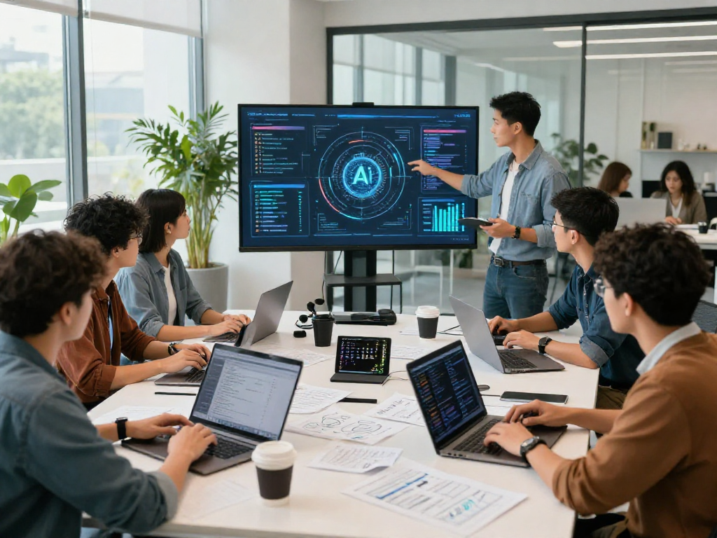 collaboration scene in tech workshop on ai 18+ advancements with diverse team and digital tools