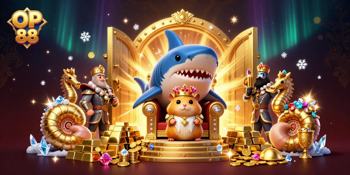 Experience the thrilling world of OP 88 with a golden hamster king amidst treasure and gaming elements.