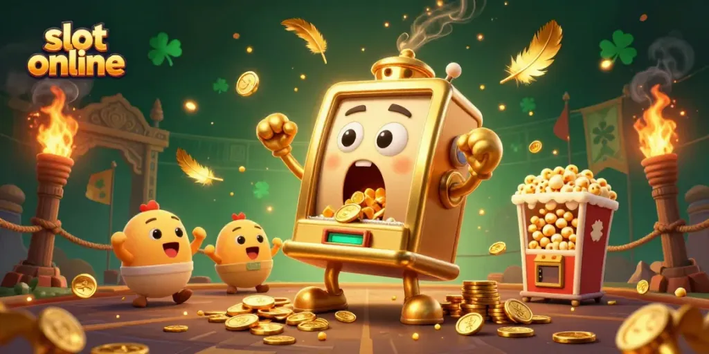 Experience the excitement of slot online gameplay with a vibrant and dynamic scene featuring a golden slot machine hitting the jackpot.