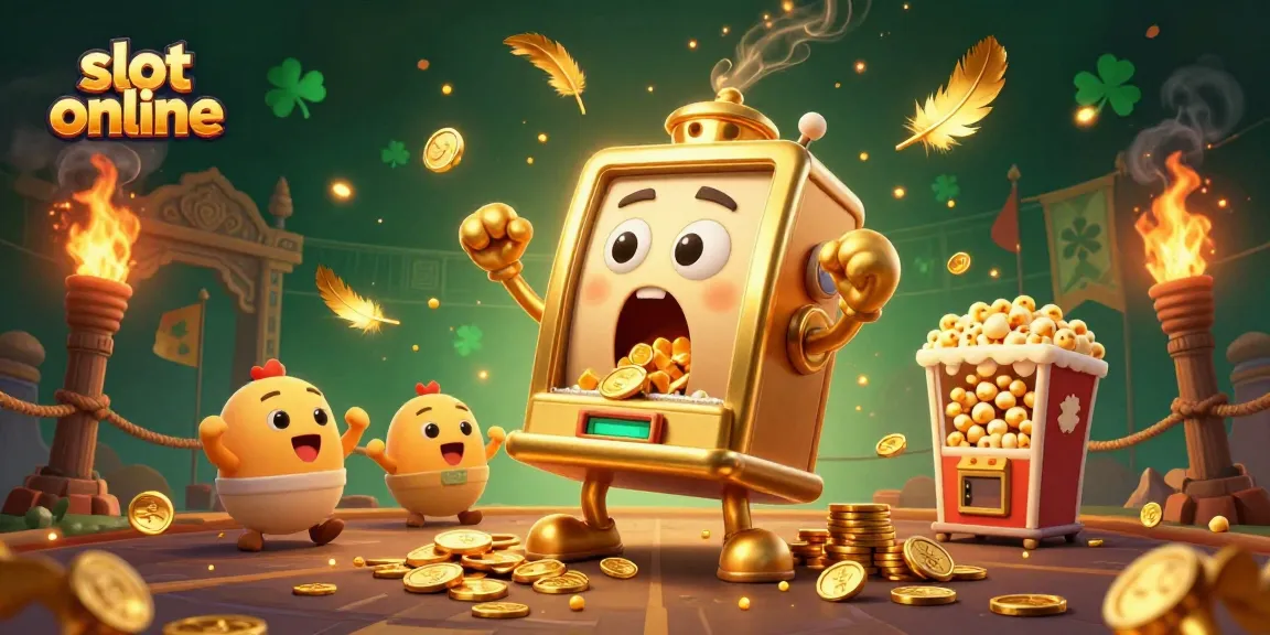 Experience the excitement of slot online gameplay with a vibrant and dynamic scene featuring a golden slot machine hitting the jackpot.