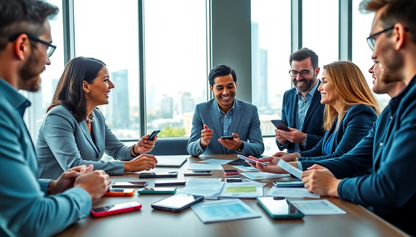 Compare business mobile deals UK in a collaborative office setting showcasing diverse individuals.