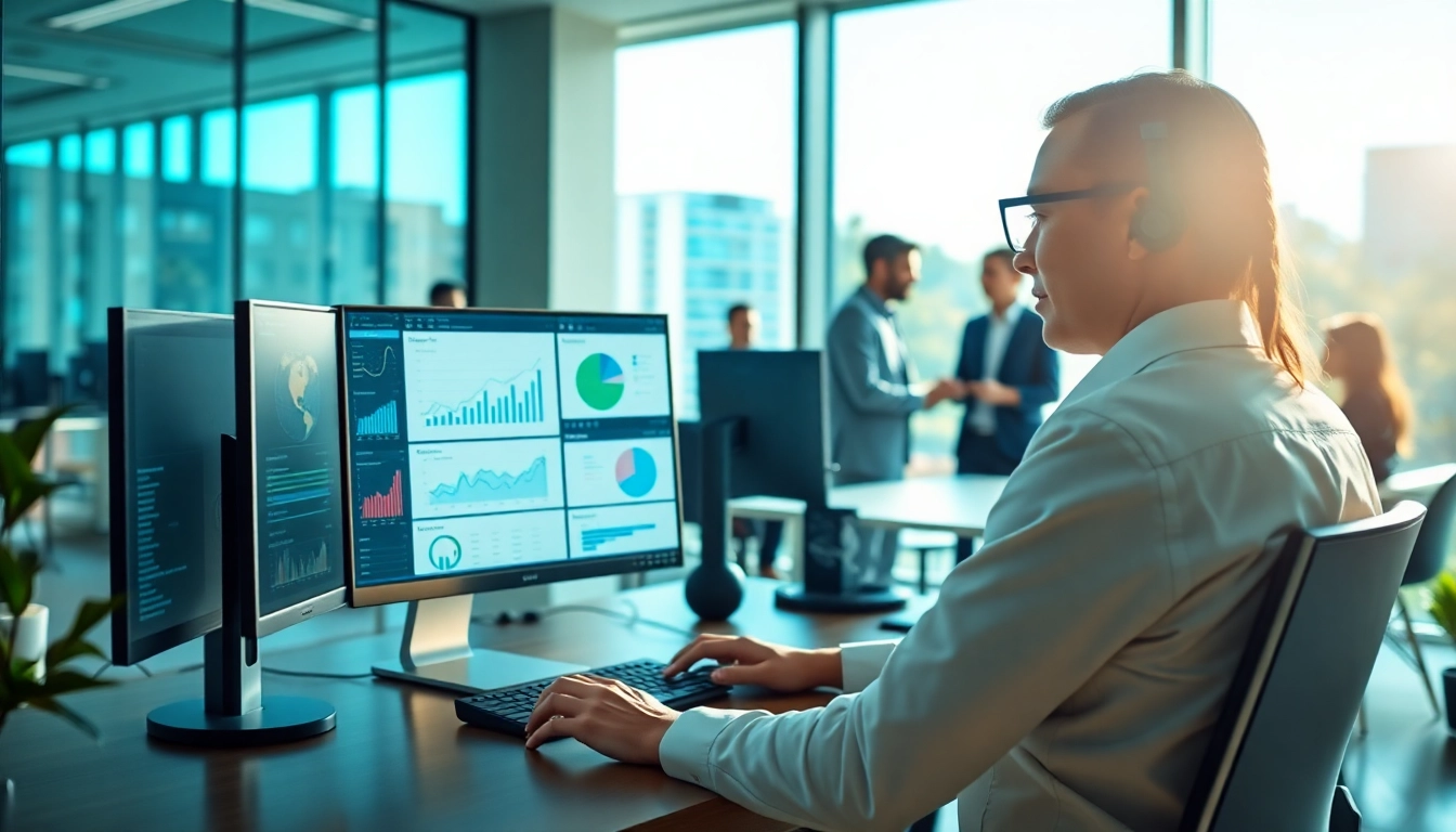 AI sales assistant interacting with a digital interface in a vibrant office setting.