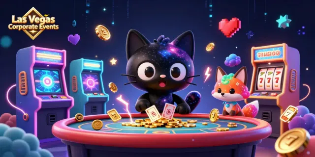 Engage in Las Vegas Corporate Events with an animated cosmic scene featuring vibrant casino elements.