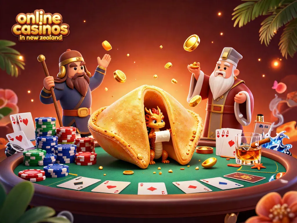 Engage with action-packed online casinos in New Zealand through a vibrant 3D illustration of fortune and fortune-tellers.