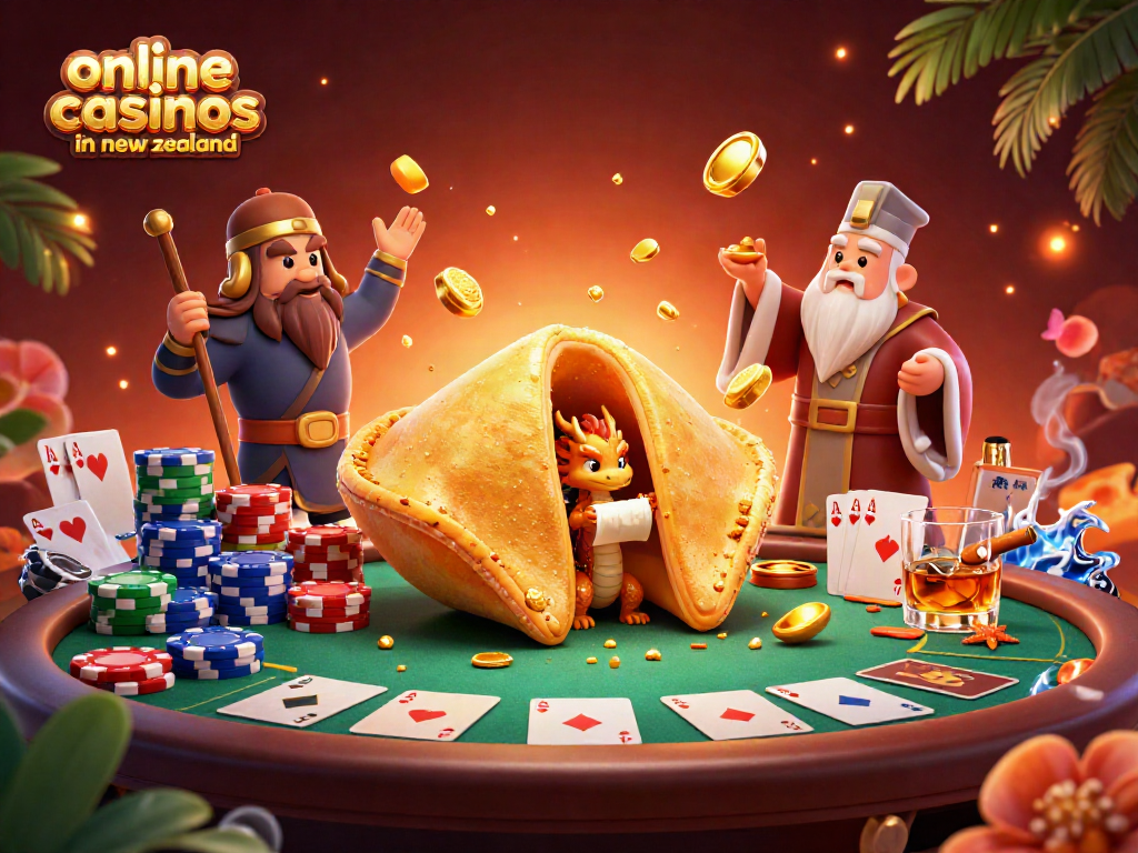 Engage with action-packed online casinos in New Zealand through a vibrant 3D illustration of fortune and fortune-tellers.