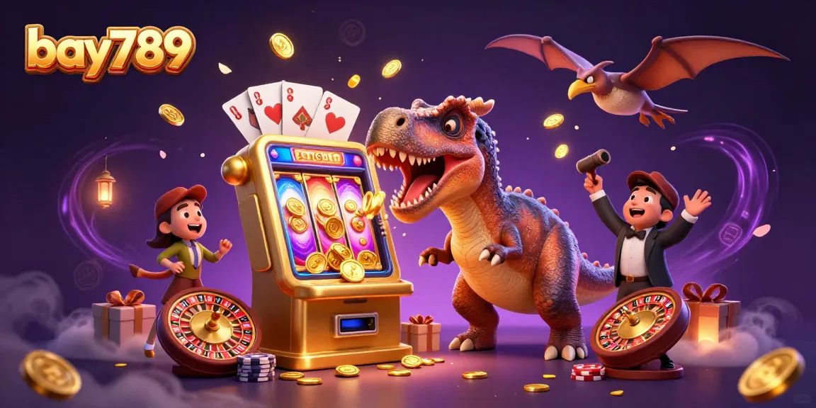 Experience big wins at bay789 as a dinosaur plays a golden slot machine amidst casino excitement.