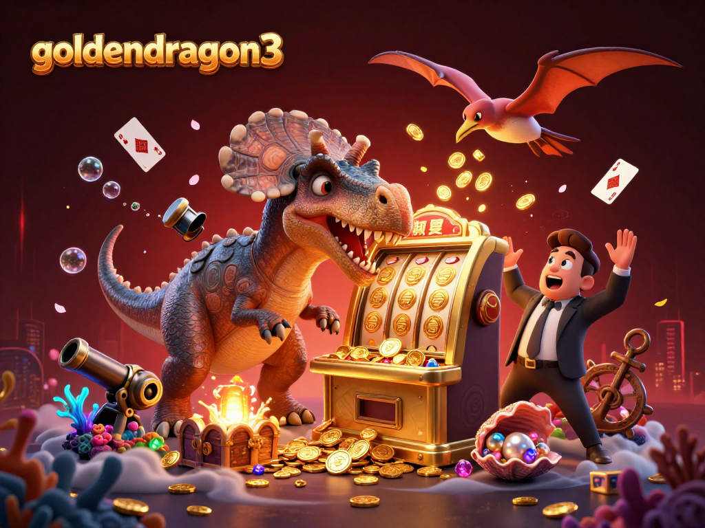 Experience the thrill of goldendragon3 as a pachycephalosaurus wins jackpot coins at a golden slot machine!