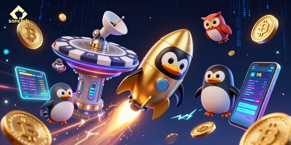 Engaging scene showcasing sonclub's vibrant casino magic with golden penguin and crypto elements.