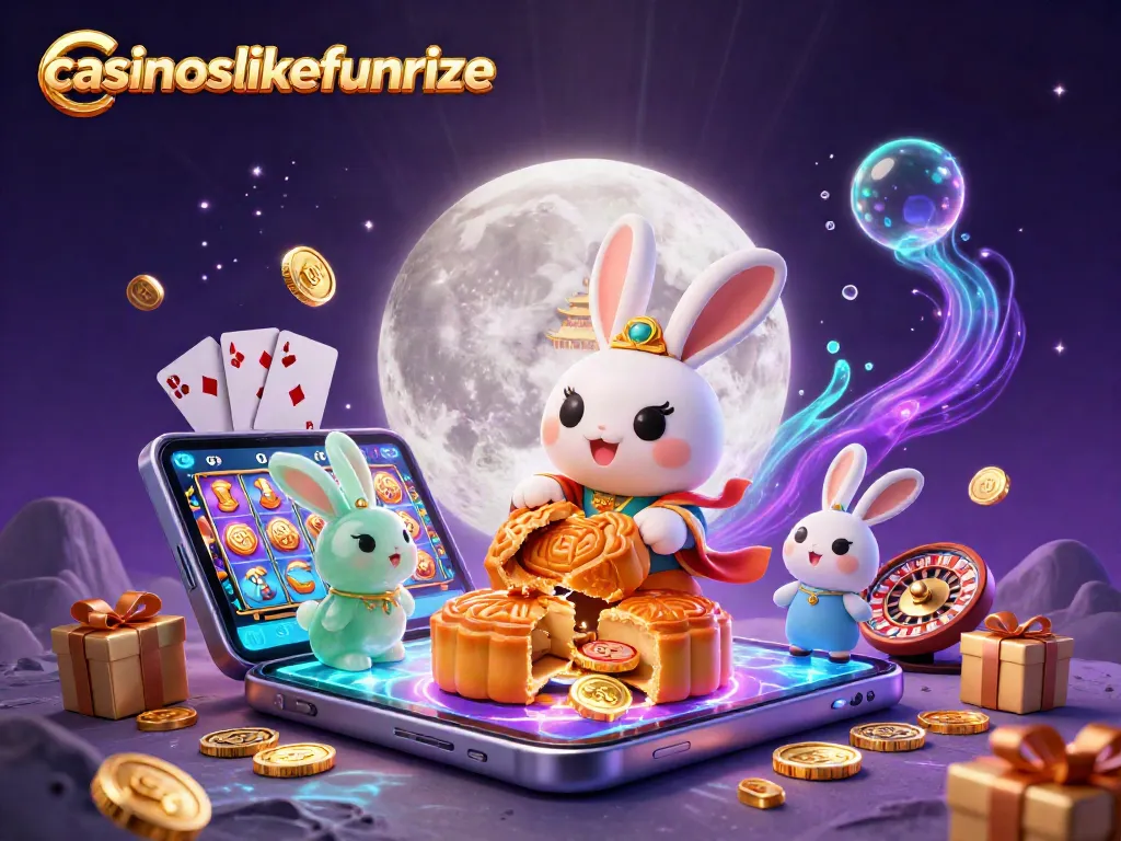 Experience the vibrant world of casinoslikefunrize with a moon rabbit celebrating wins through poker chip mooncakes.