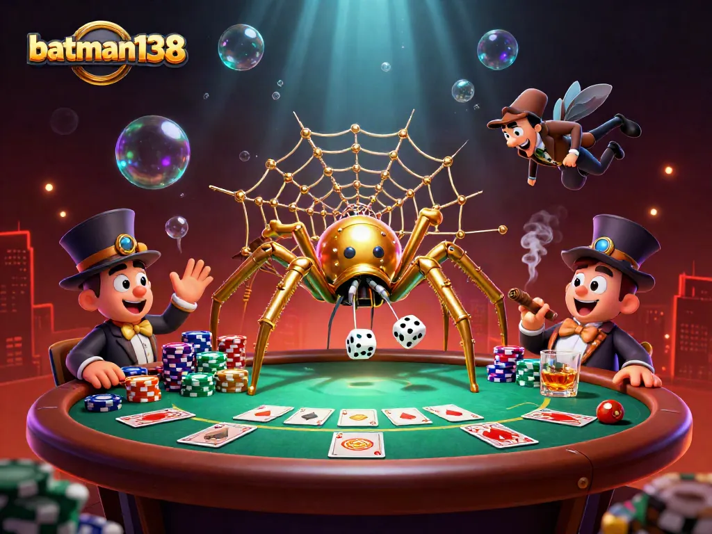 Play batman138 at a vibrant steampunk casino with dice and poker chips delightfully interwoven.