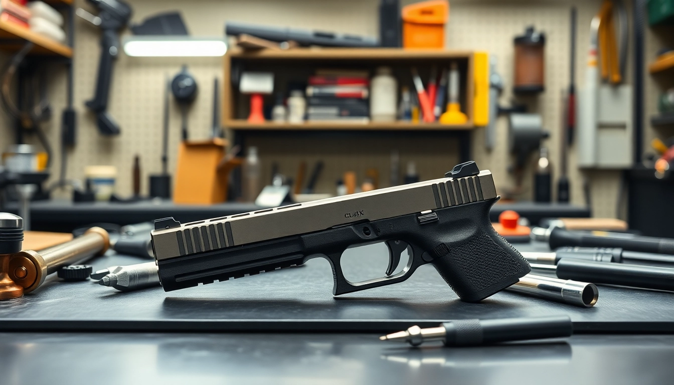 Showcase of a glock 43x slide on a table with tools, emphasizing quality and craftsmanship.