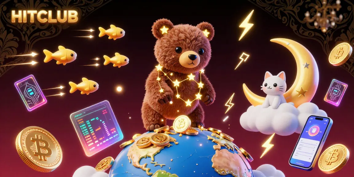 Experience HITCLUB with vibrant stars and crypto elements in a dynamic casino-themed illustration.