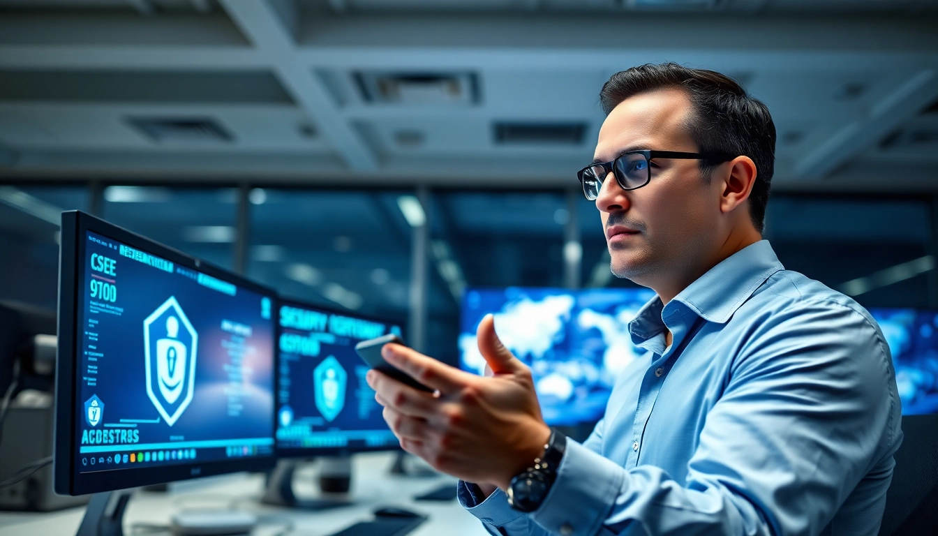 Cyber essentials accreditation analysis in a modern office with multiple screens and focused lighting.