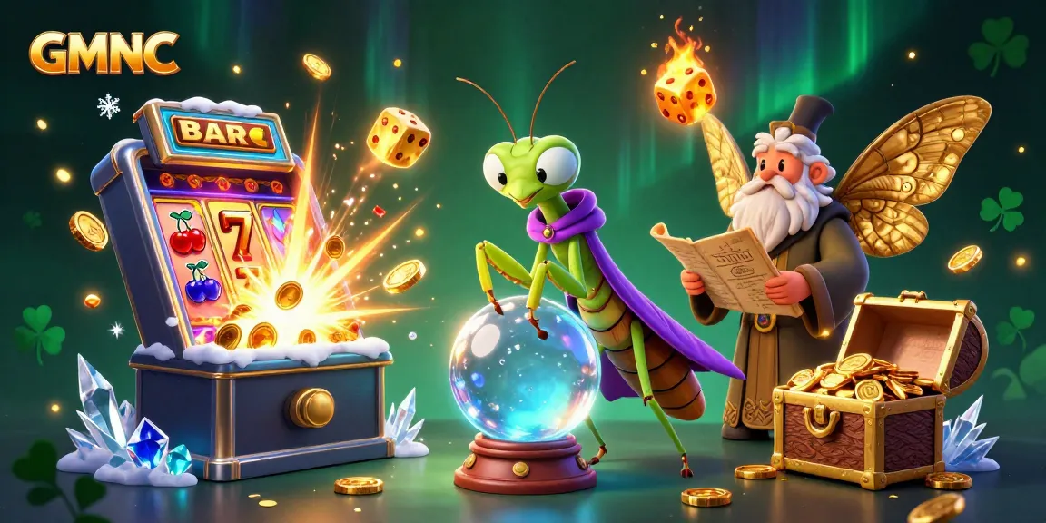 Experience GMNC's thrilling gaming universe with fantasy-style 3D artwork depicting slot machines and fortune-telling characters.
