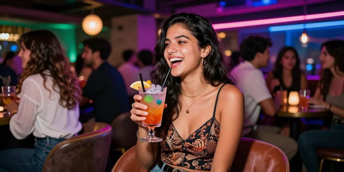Gái gọi tận hưởng buổi tối tại bar với bạn bè, không gian sống động và phong cách thời trang hiện đại.