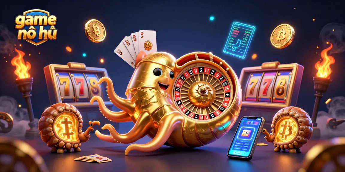 Engage in game nổ hũ with a vibrant scene of animated characters, cards, and cryptocurrency elements.