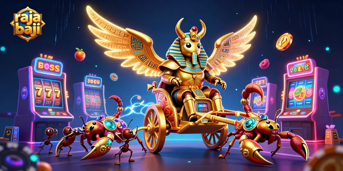 Experience the thrill of raja baji with an exhilarating 3D scene featuring a golden scarab and vibrant casino elements.