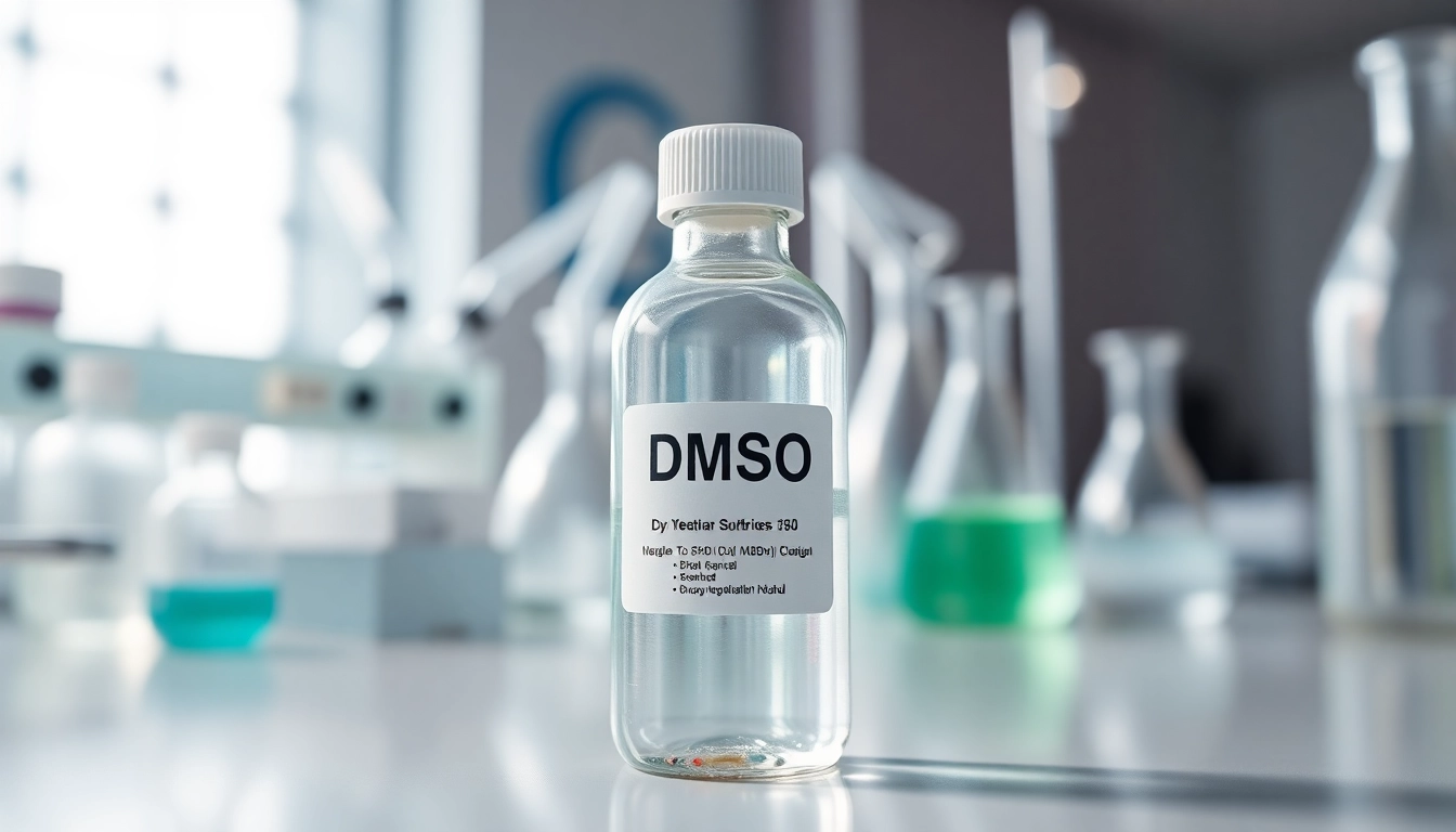 Order DMSO with a clear glass vial prominently featured in a professional lab setting.