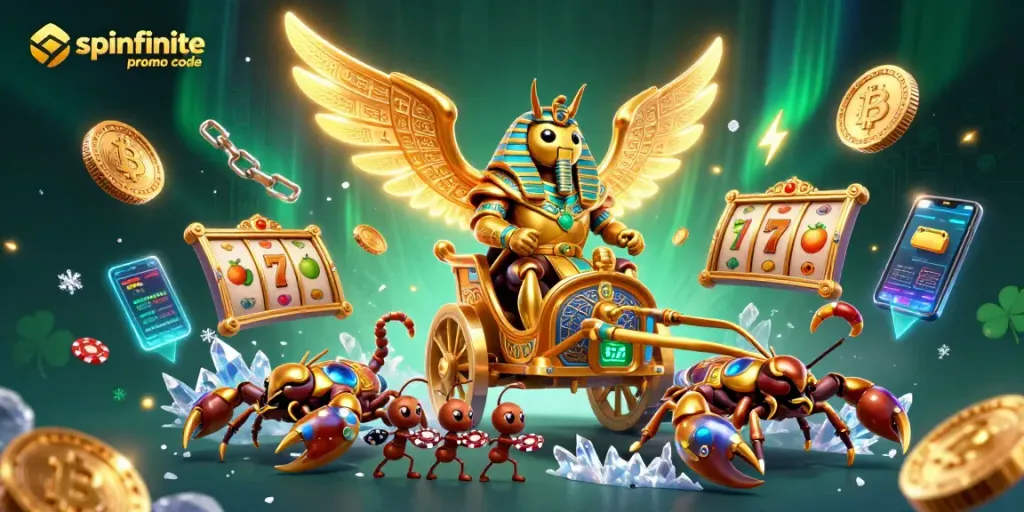 Spinfinite promo code highlights a dynamic casino scene with gold coins, vibrant characters, and energetic game elements.