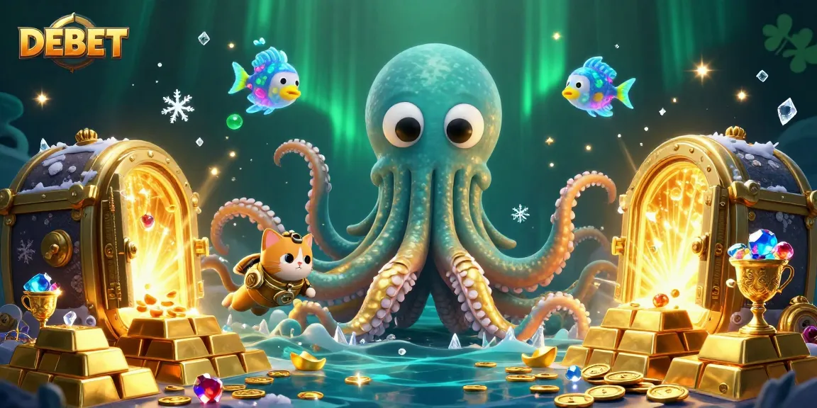 Join the adventure with DEBET, a colossal kraken and diving cat in treasure-filled depths as jackpot dreams unfold.