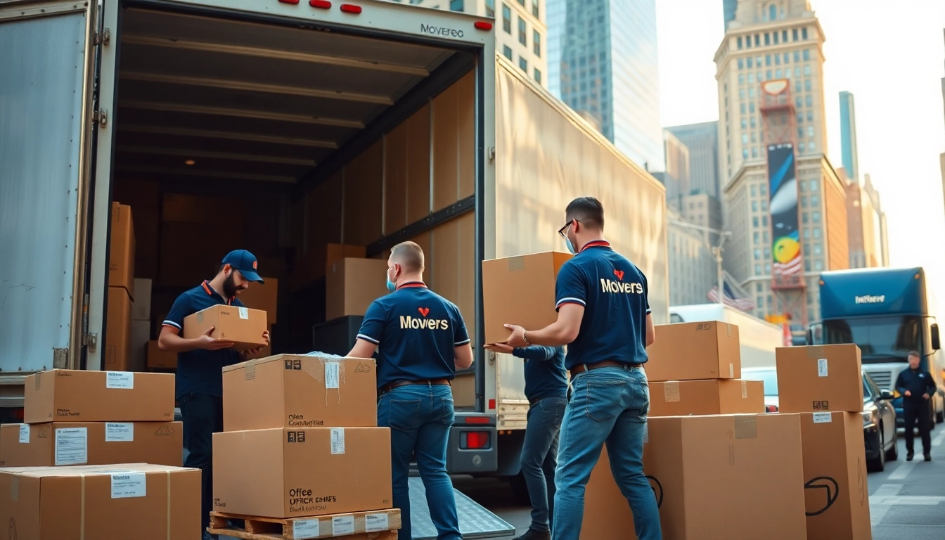 Experienced movers securing boxes for Commercial Moving Services NYC in a busy urban office.