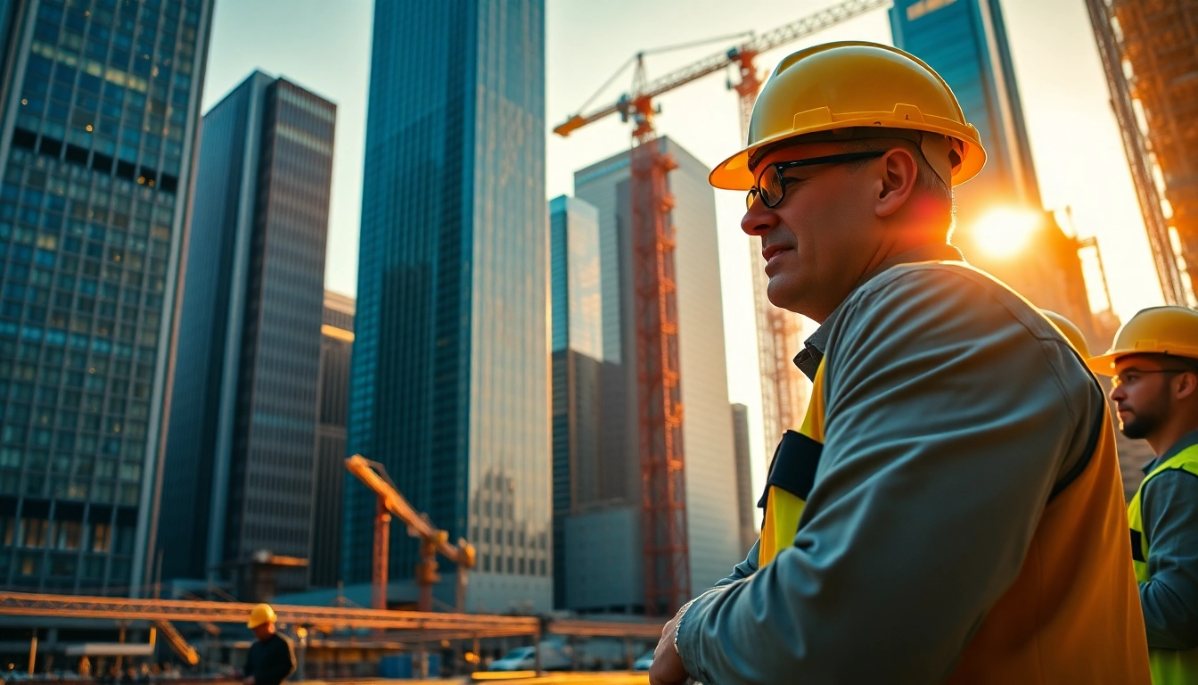 Dynamic scene of a Manhattan Construction Manager guiding a project team amidst iconic skyscrapers.