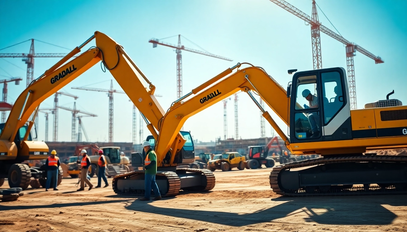 Workers operating a gradall in a vibrant construction environment.