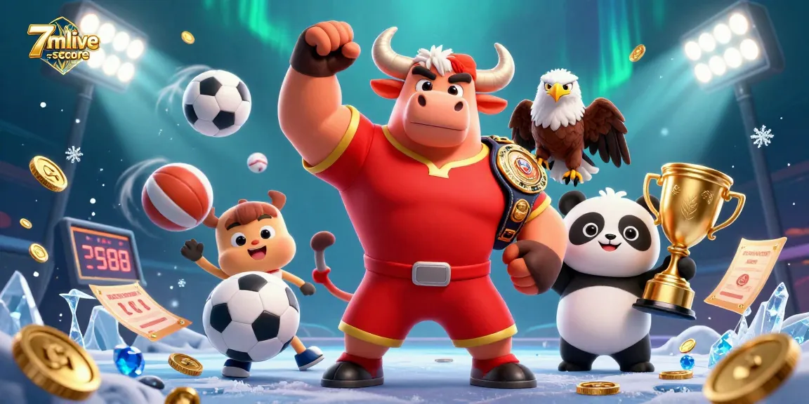 Celebrate wins with the 7mlive-score mascot trio amid dynamic sports and casino elements.