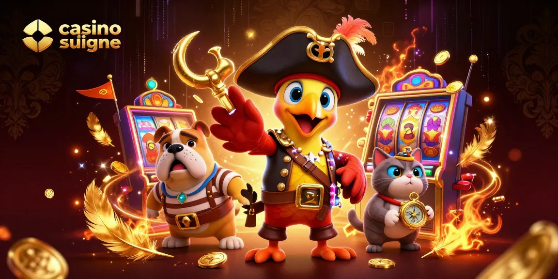 Illustration animée de casino suisse en ligne avec des personnages de jeu captivants et des éléments de machine à sous dynamique.