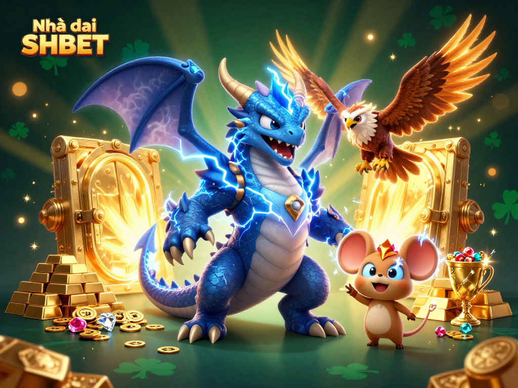 Experience winning strategies at Nhà cái SHBET with vibrant gaming elements and characters in a dynamic 3D scene.