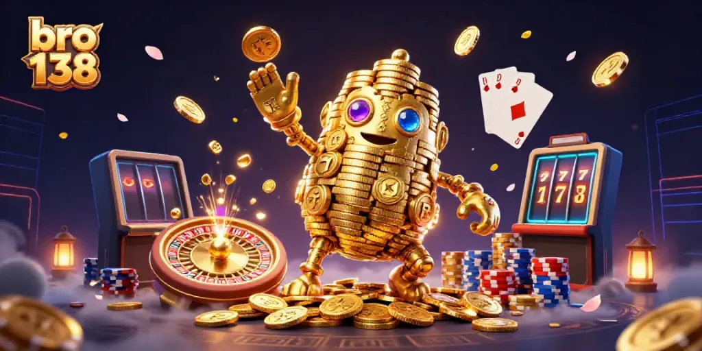 Experience the excitement of bro 138, featuring a gold golem amidst dynamic casino elements