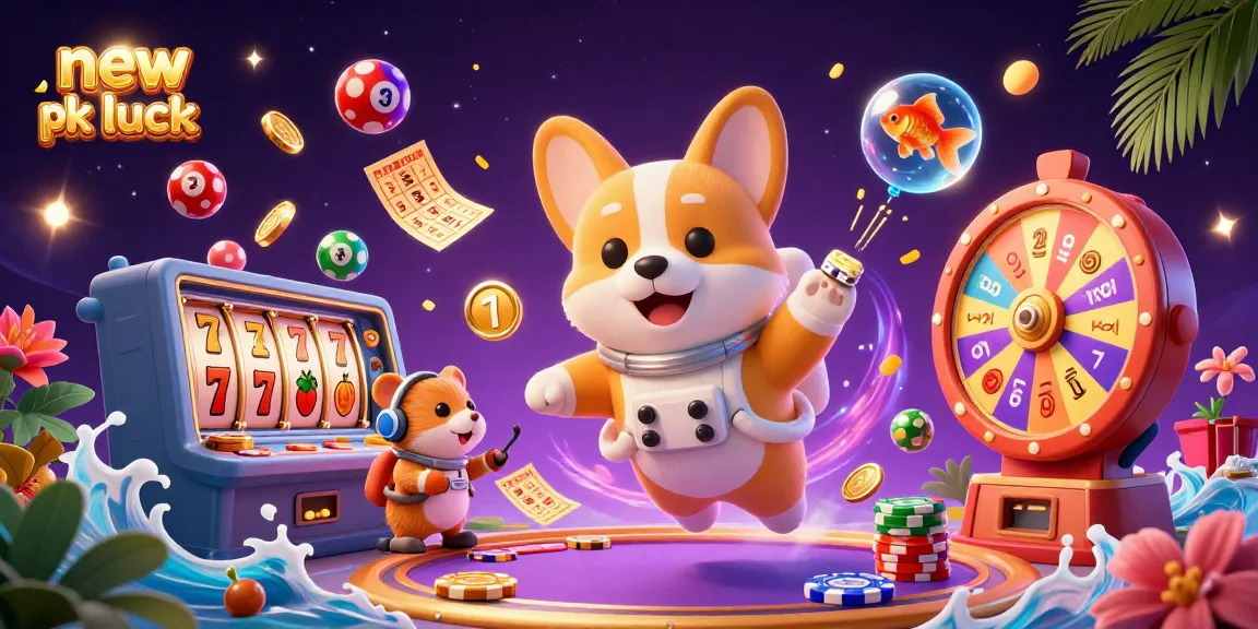 Spin to win with new pk luck! An astronaut corgi floats amidst exciting slot reels and festive gaming elements.